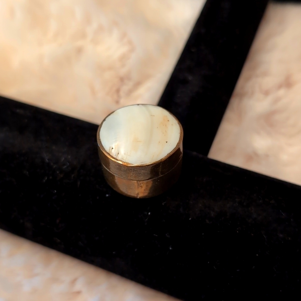 Antique Circular Metal Trinket Box With Mother of Pearl Inlayed Lid